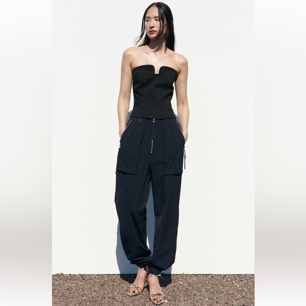 ZARA CARGO PANTS WITH ZIPPER NAVY BLUE - Picture 3 of 9